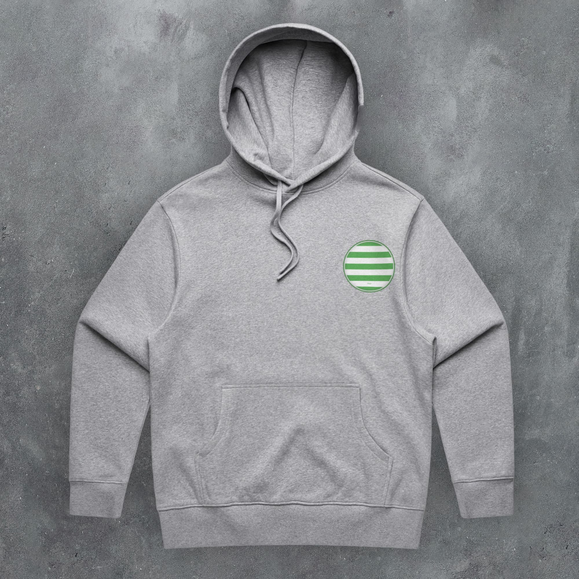 a grey hoodie with a green stripe on the chest