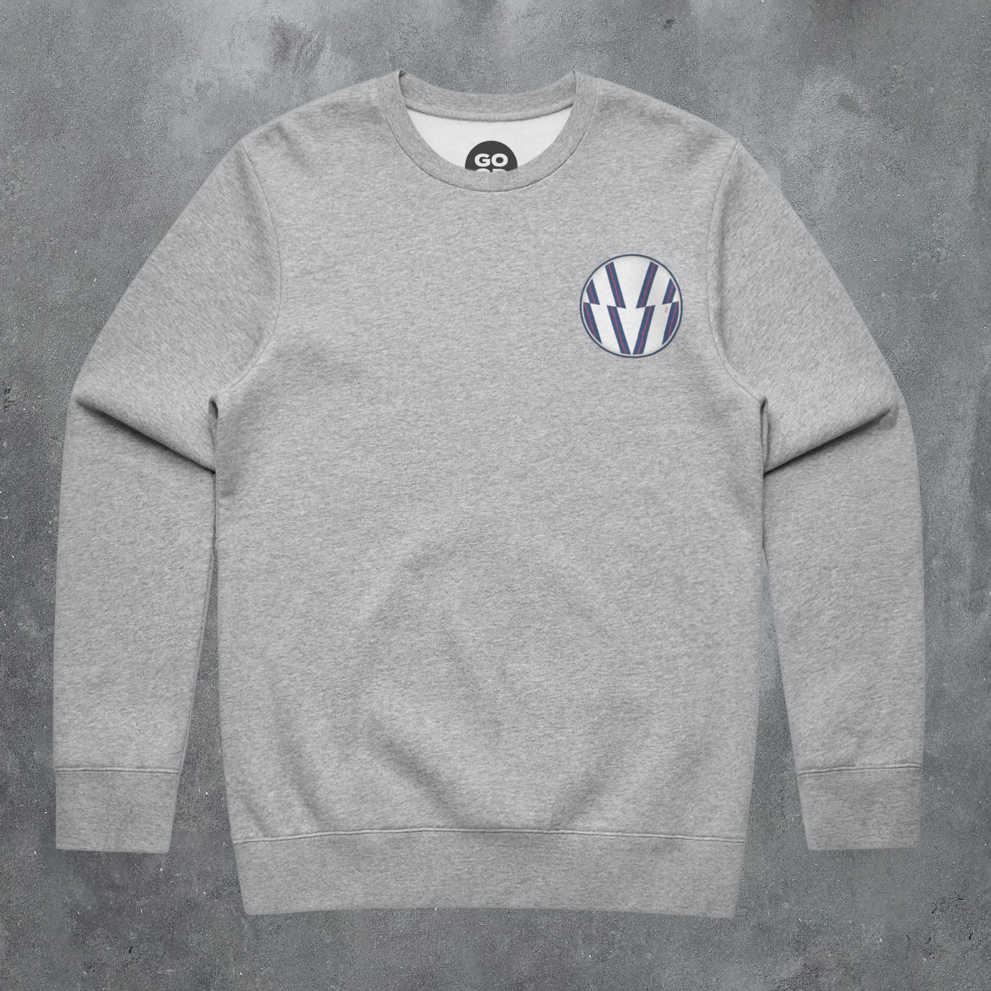 a grey sweatshirt with a blue and white logo on it