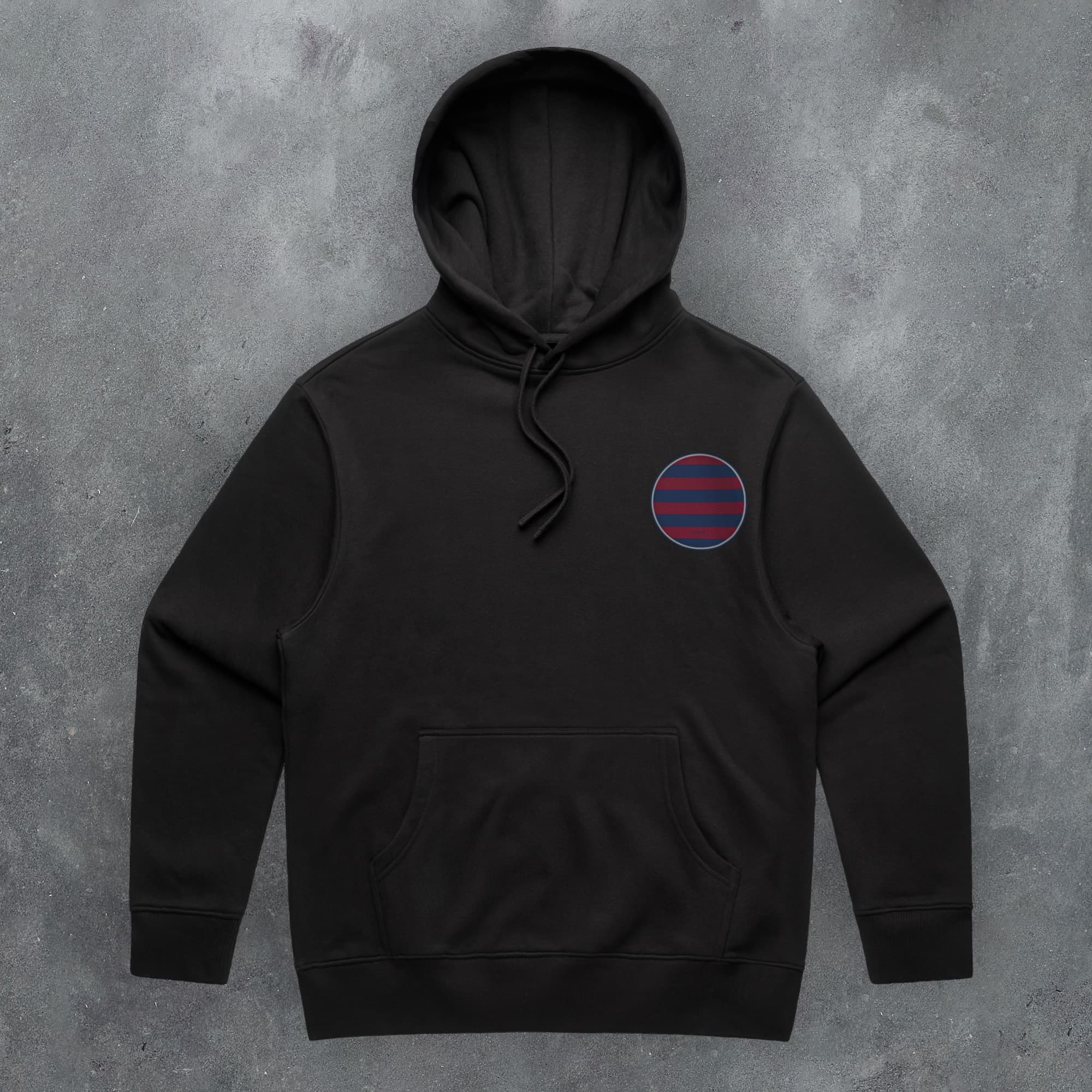a black hoodie with a red and blue circle on it