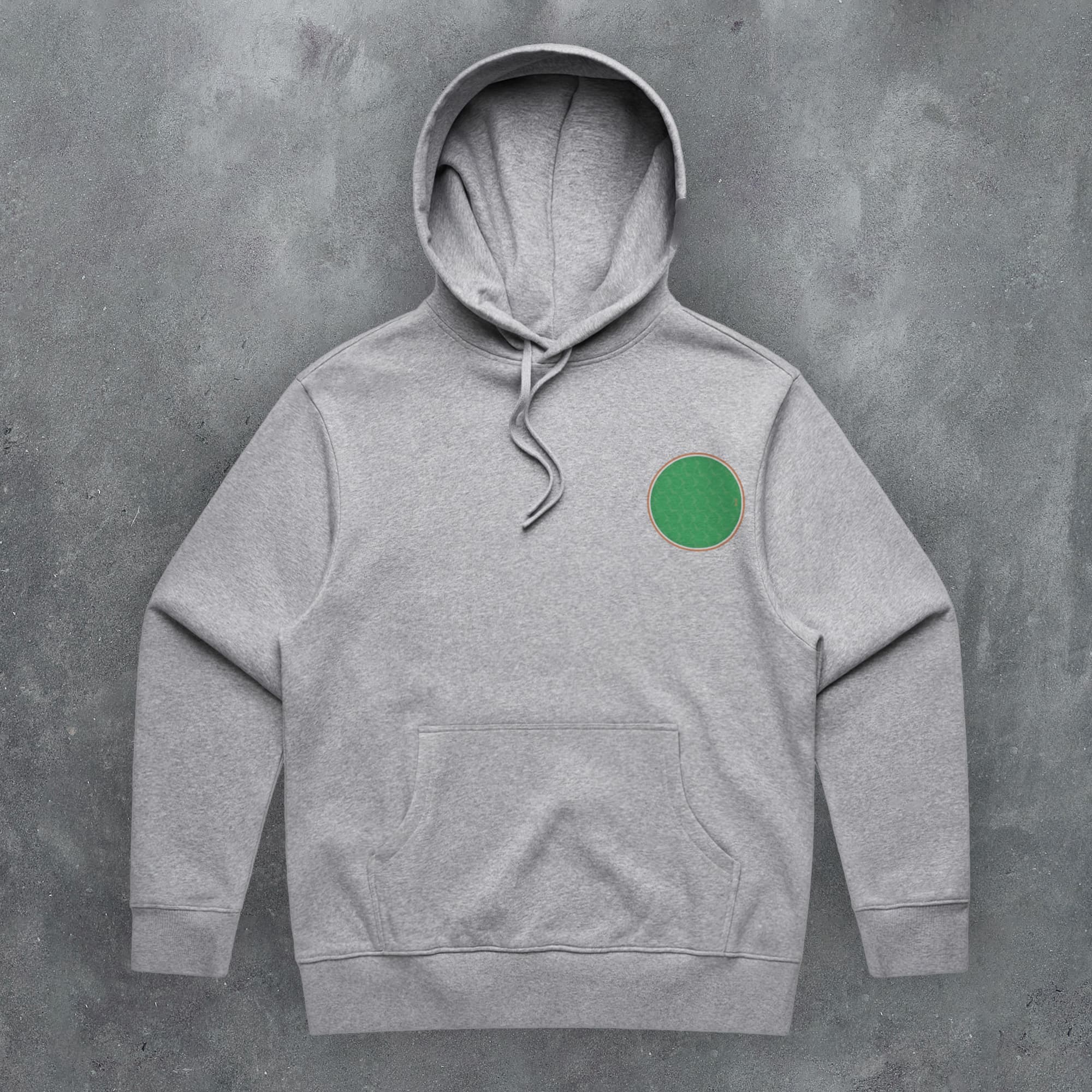 a grey hoodie with a green circle on it
