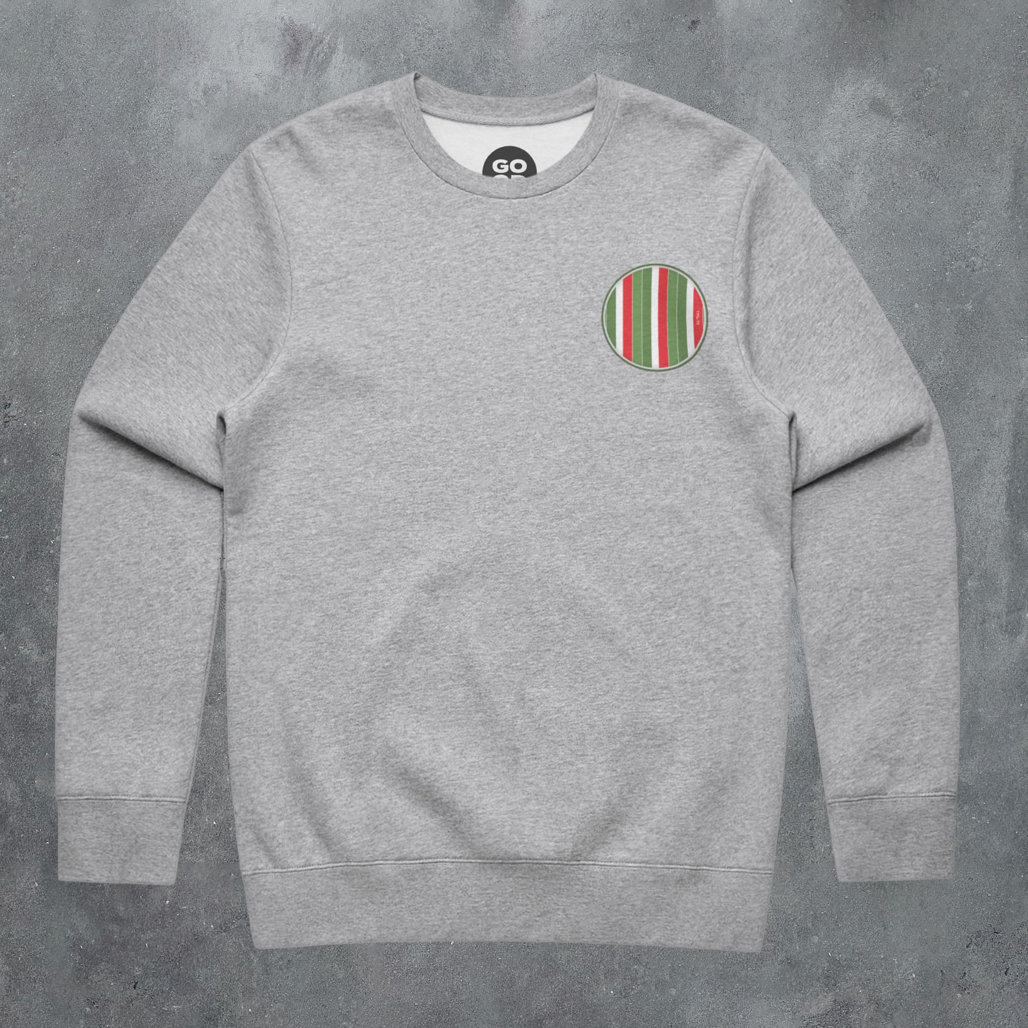 a grey sweatshirt with a red, white, and green striped pocket