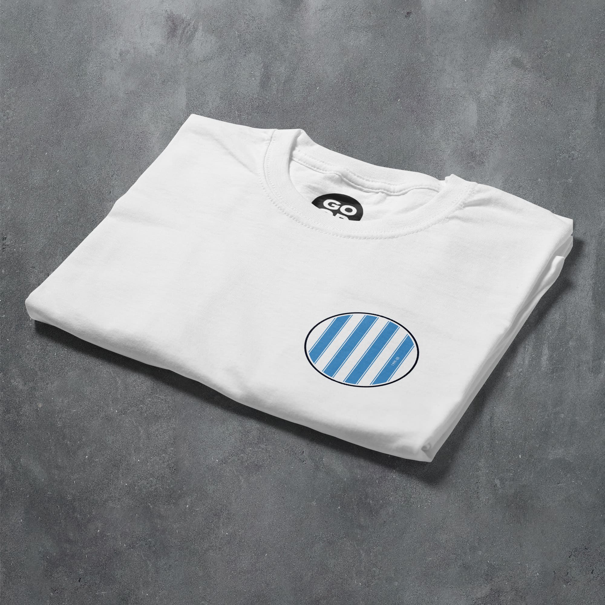 a white t - shirt with blue and white stripes on it