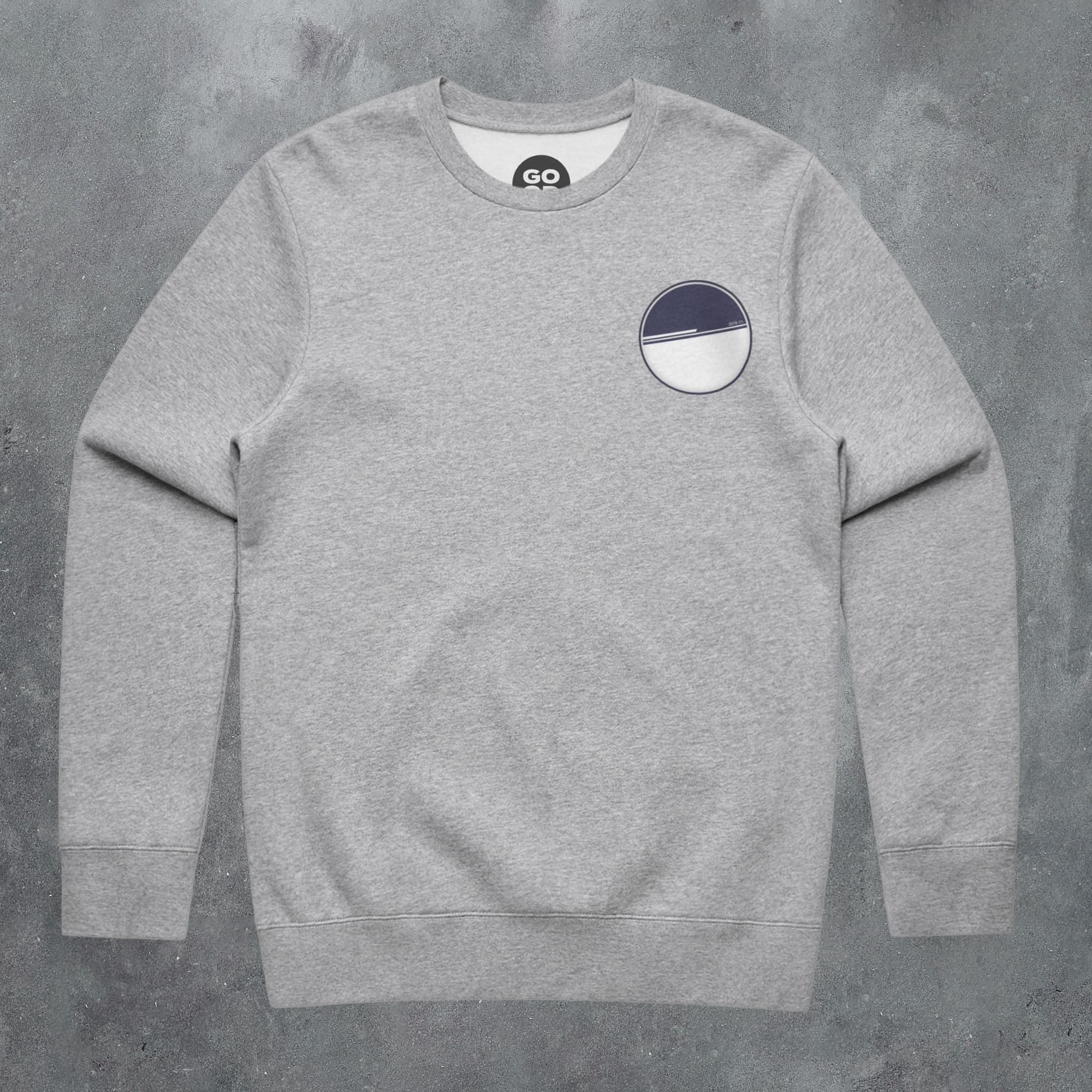 a grey sweatshirt with a blue and white circle on the chest