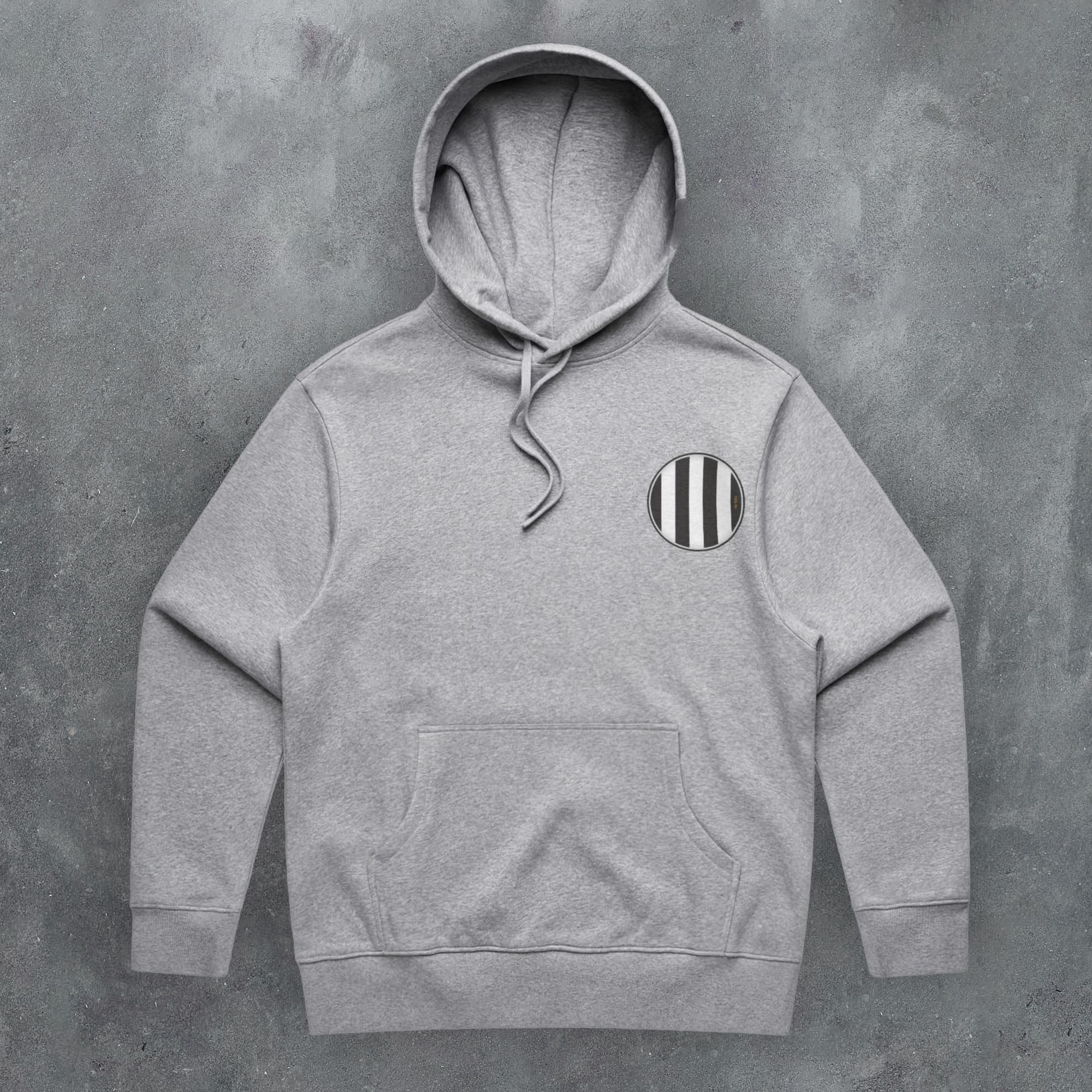 a grey hoodie with a black and white stripe on it