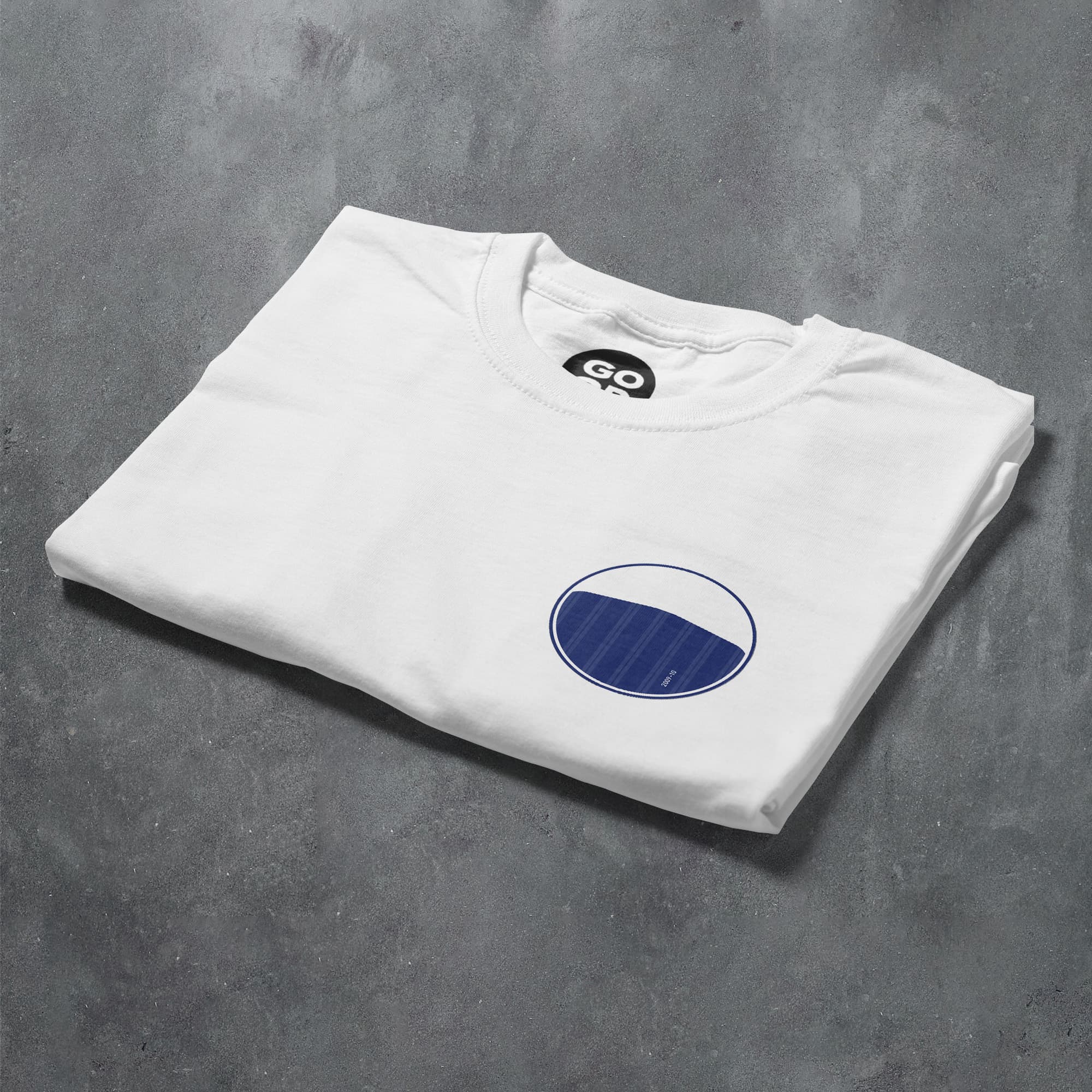 a white t - shirt with a blue circle on it