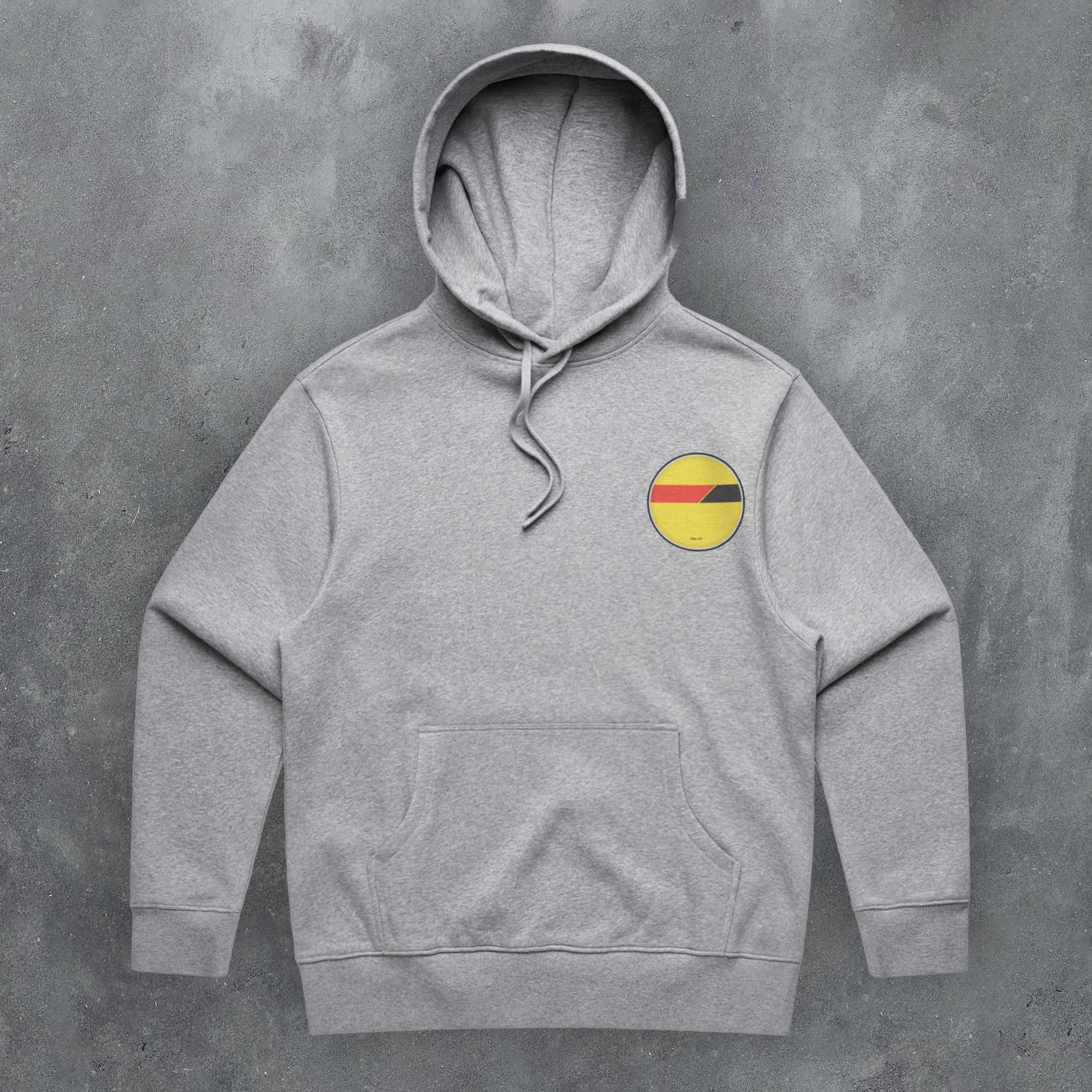 a grey sweatshirt with a yellow and red stripe on the chest