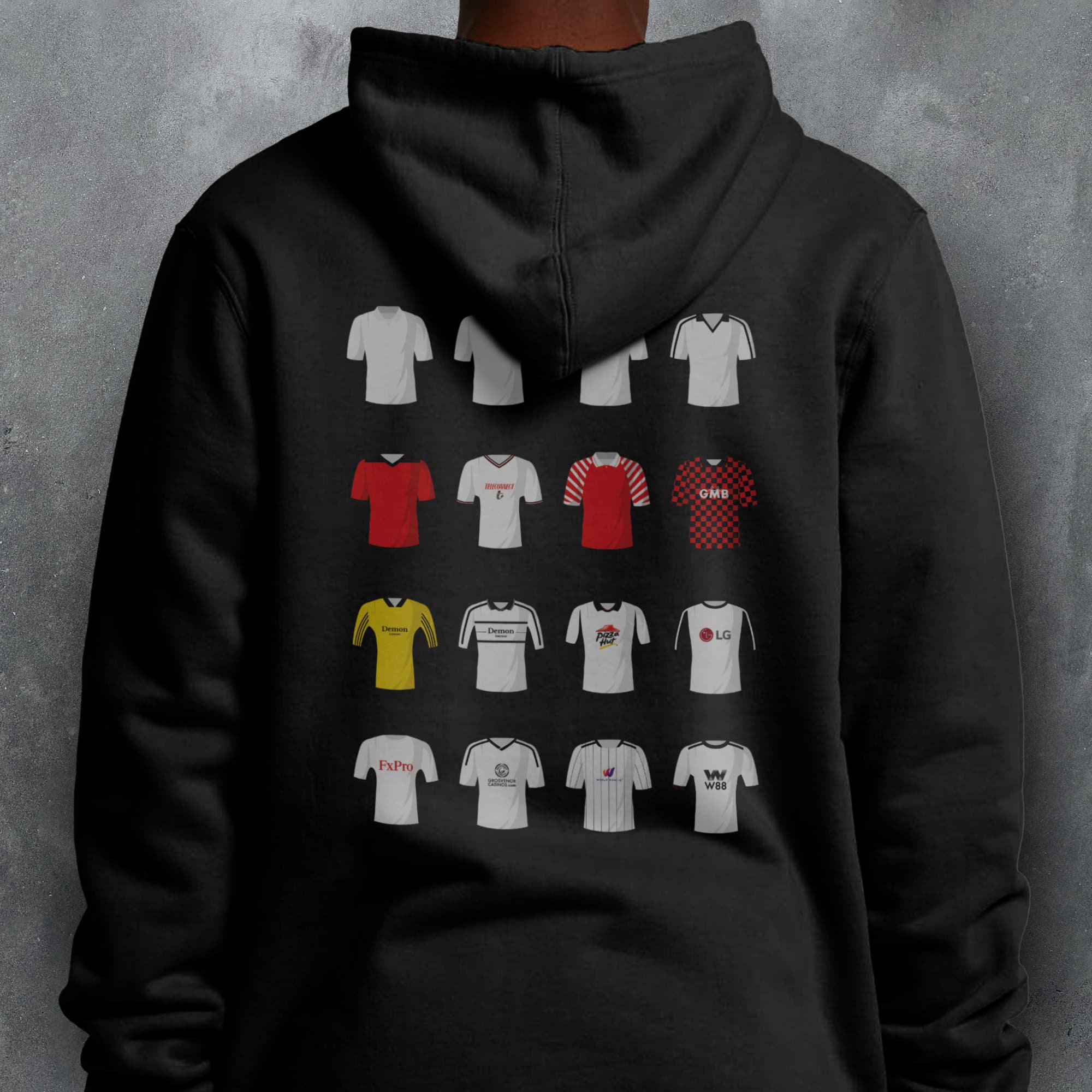 a person wearing a black hoodie with different colored shirts on it