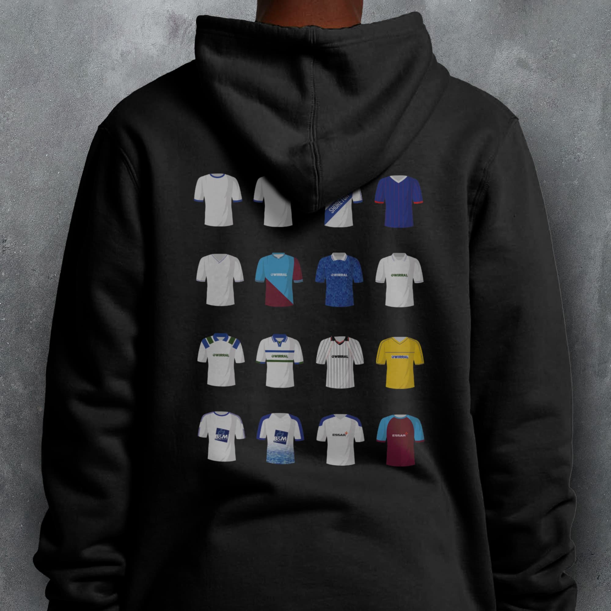 a person wearing a hoodie with a bunch of shirts on it