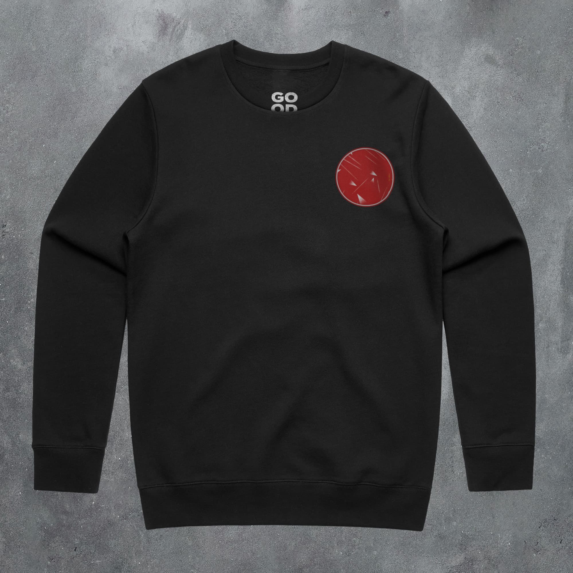 a black sweatshirt with a red smiley face on it