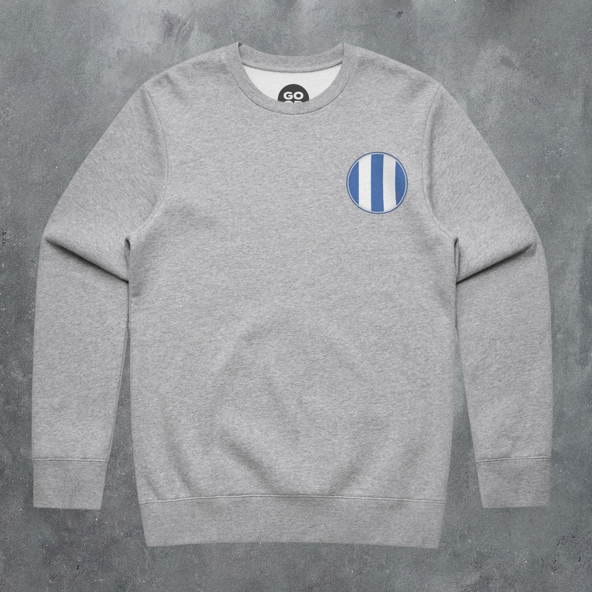 a grey sweatshirt with a blue and white stripe on the chest