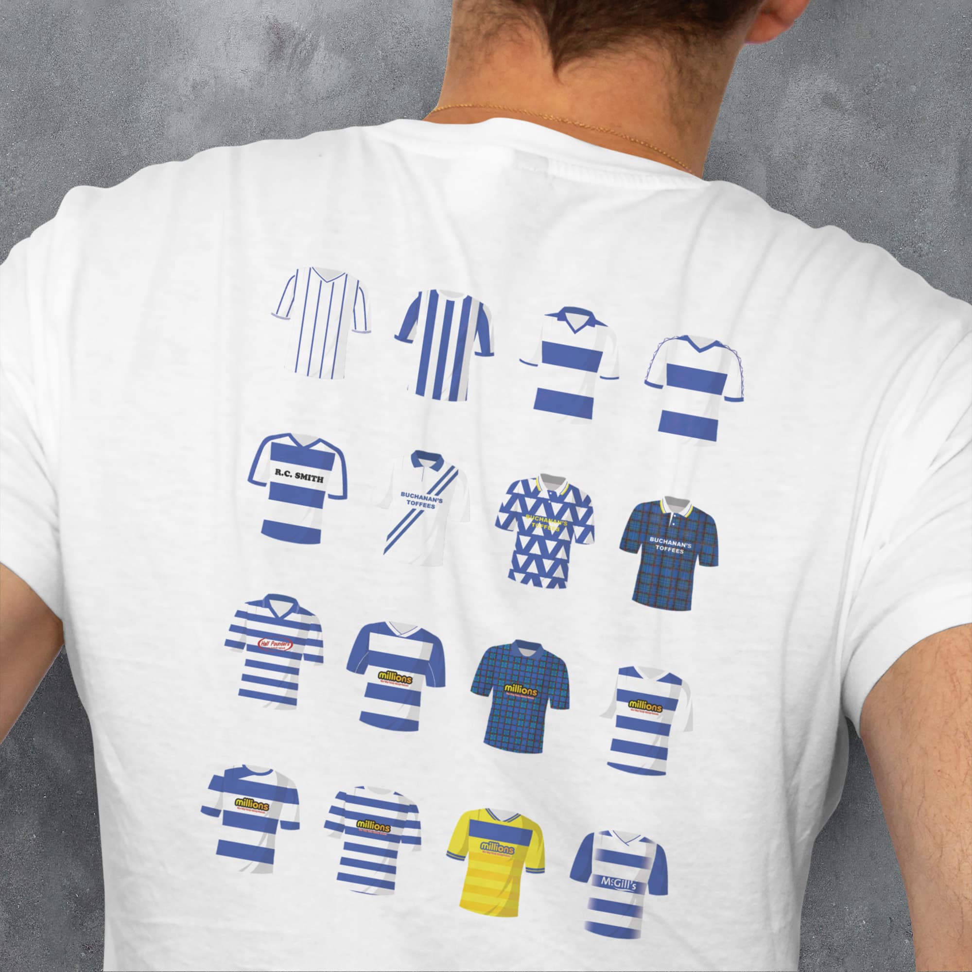 a man wearing a t - shirt with a bunch of different shirts on it