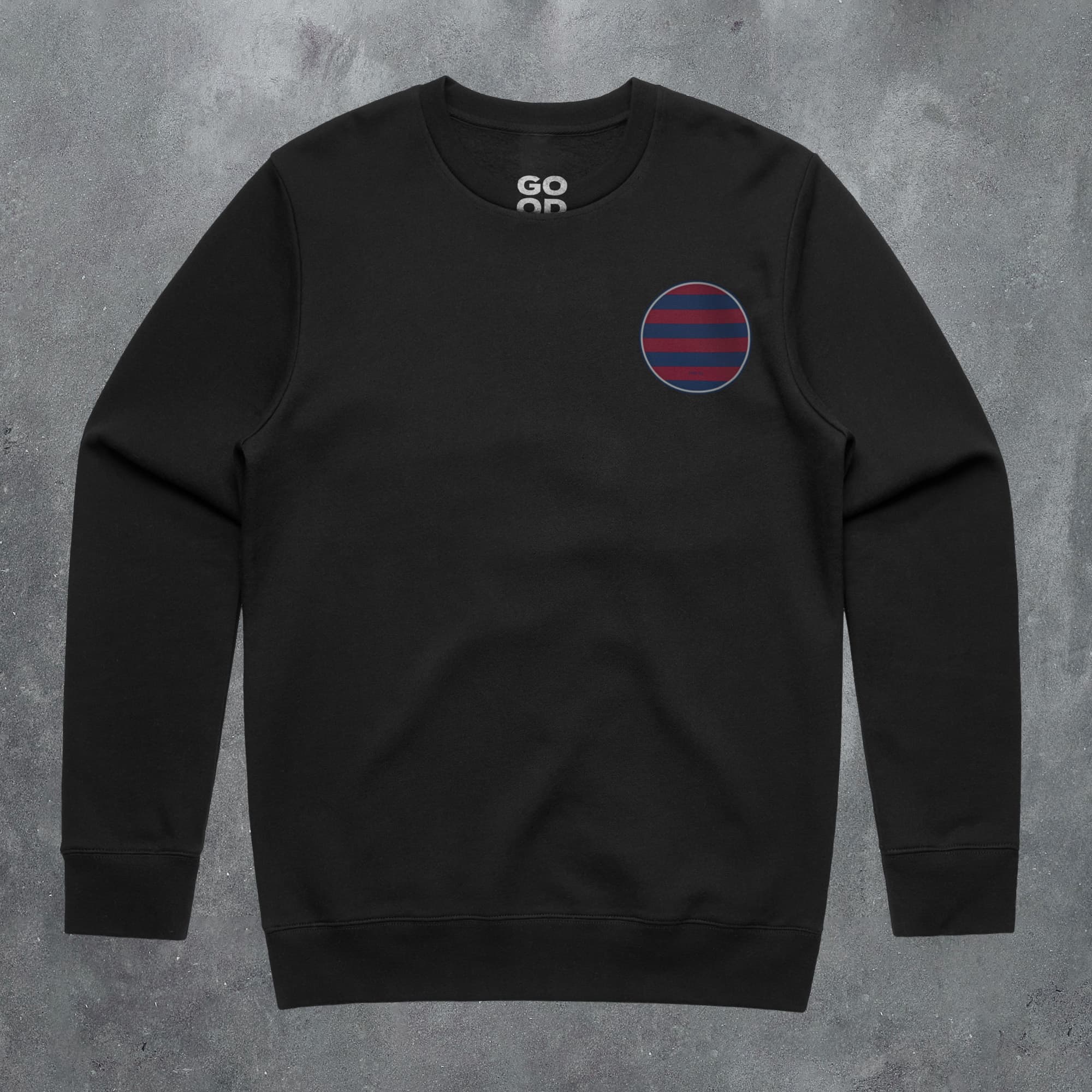 a black sweatshirt with a red and blue circle on it