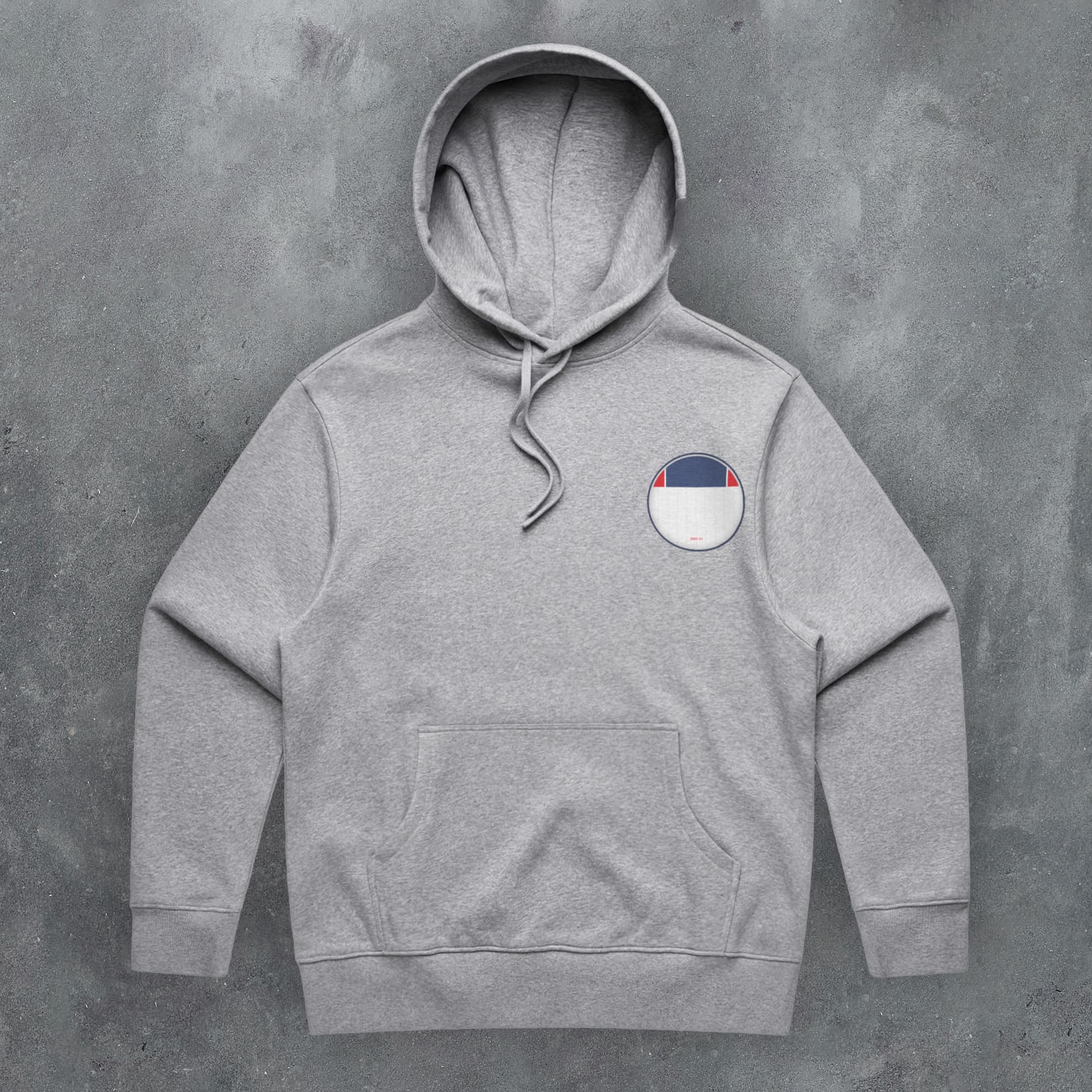 a grey hoodie with a white, blue, and red patch on it