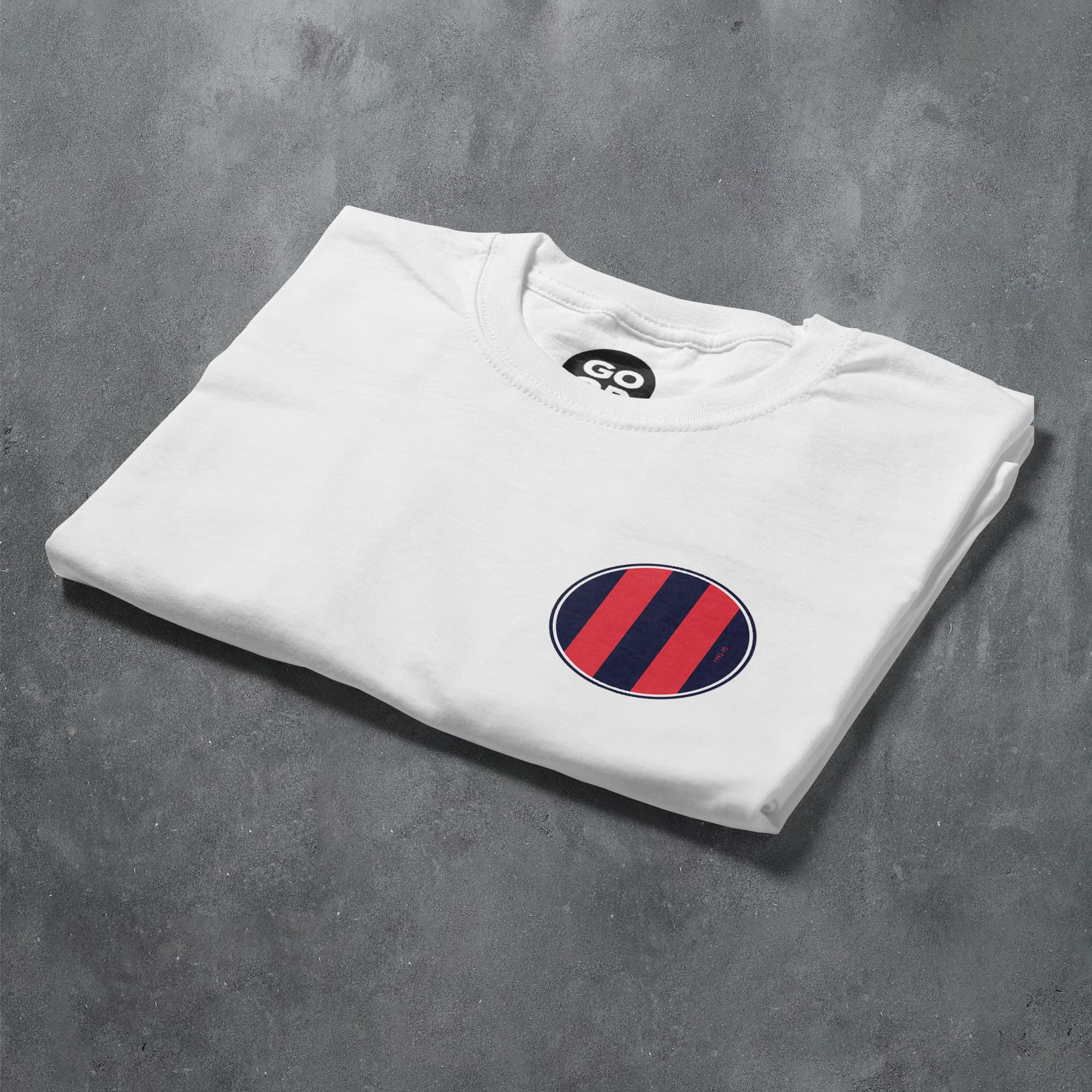 a white t - shirt with a red and blue stripe on the chest