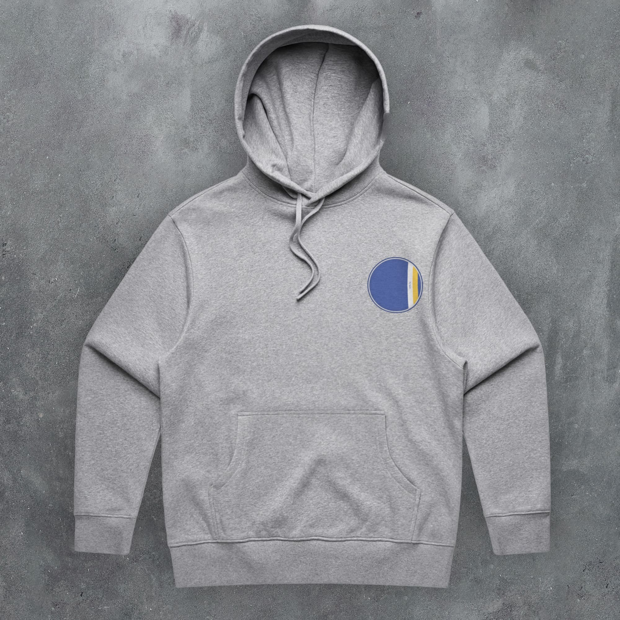 a grey hoodie with a blue and yellow circle on it